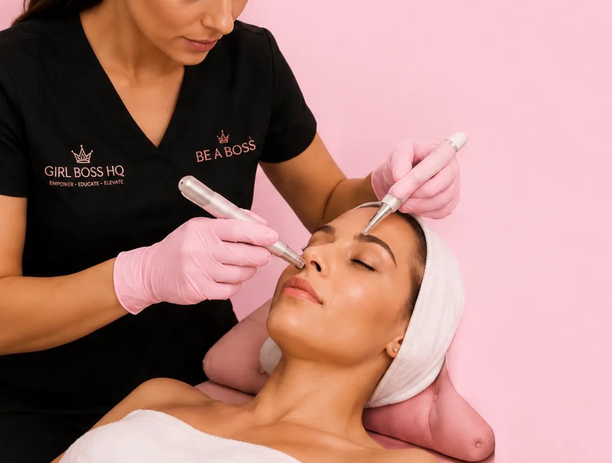A practical aesthetics treatment taking place in one of the academy's pink studios.