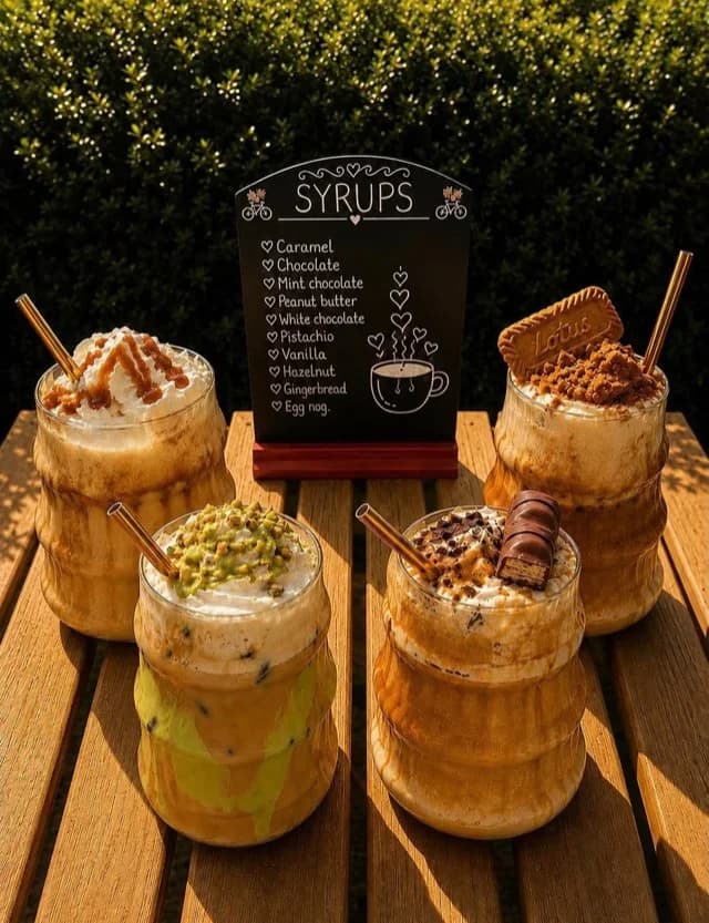 Flavoured syrups lined up at the coffee bar